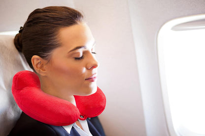 Inflatable Travel Neck Pillow: Extra-Soft, Cushion. for Airplanes, Trains, Cars, Portable Travel Accessory-with Carrying Pouch for Cell Phone and Passport Etc. (Vintage Red)