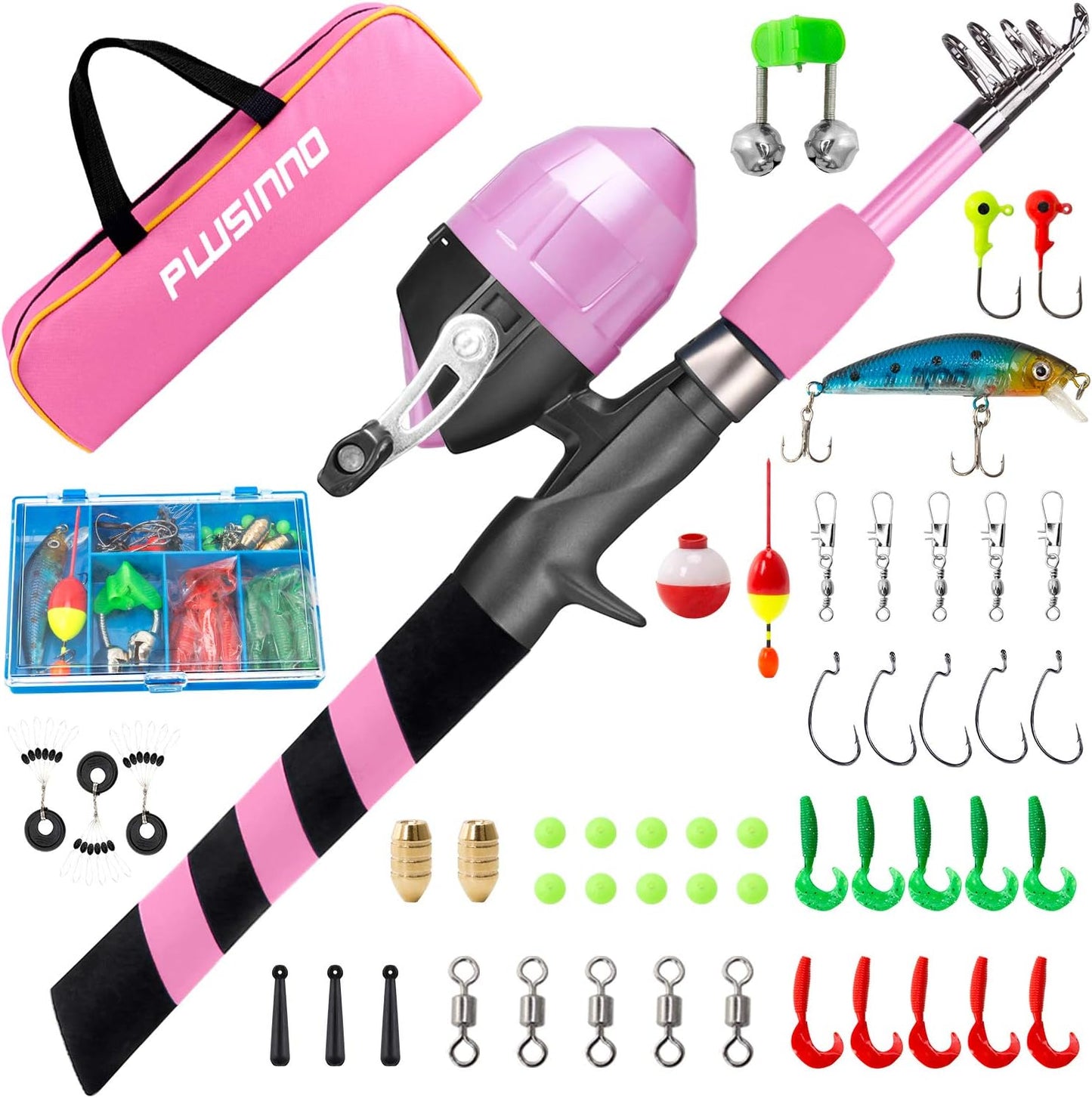 PLUSINNO Kids Fishing Pole, Portable Telescopic Fishing Rod and Reel Combo Kit - with Spincast Fishing Reel Tackle Box for Boys, Girls, Youth