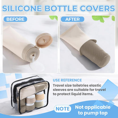 16Pack Travel Bottles for Toiletries, TSA Approved Travel Size Toiletries Containers Set, Silicone Leak Proof Refillable Bottles Elastic Sleeves Creams Jars Accessories Kit W/Clear Bag (Cream)