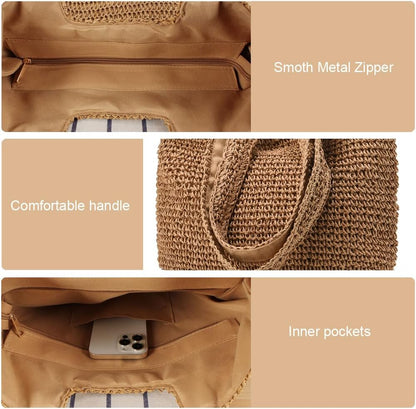 Straw Beach Bags for Women Woven Beach Tote Bag Casual Boho Large Shoulder Handbags Purse for Vacation Holiday