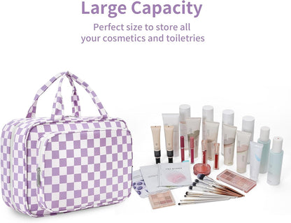 Narwey Travel Toiletry Bag for Women Large Hanging Makeup Bag Organizer Toiletries Bag for Full Size Essentials Accessories Cosmetics (Purple Checkerboard (Large))