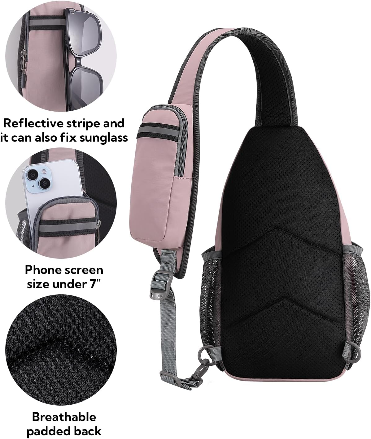 WATERFLY Crossbody Sling Backpack Sling Bag Travel Hiking Chest Bag Daypack (Pink)