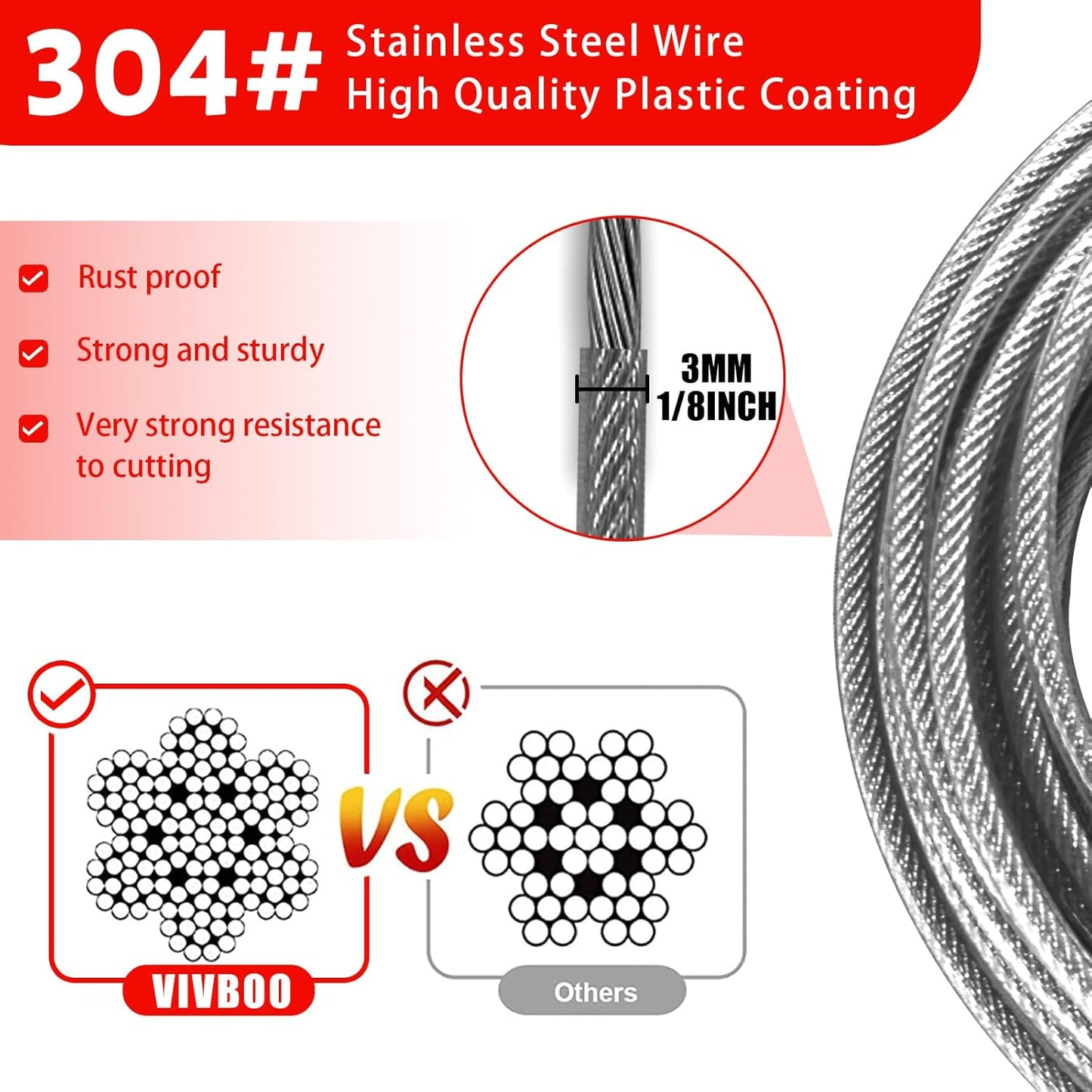 1/8 inch Stainless Steel Security Cable with Hooks 2.6 FT Luggage Lock Security Cable with Loops（10Pack ）