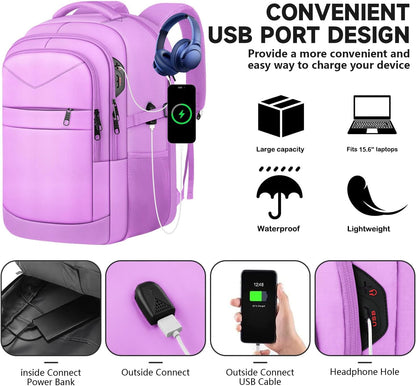 Lapsouno Laptop Backpack, Travel Laptop Backpack, 15.6 Inch Carry on Backpack with USB Port, Anti Theft TSA Travel Bag for Women, College School Backpack for Women, Light Purple