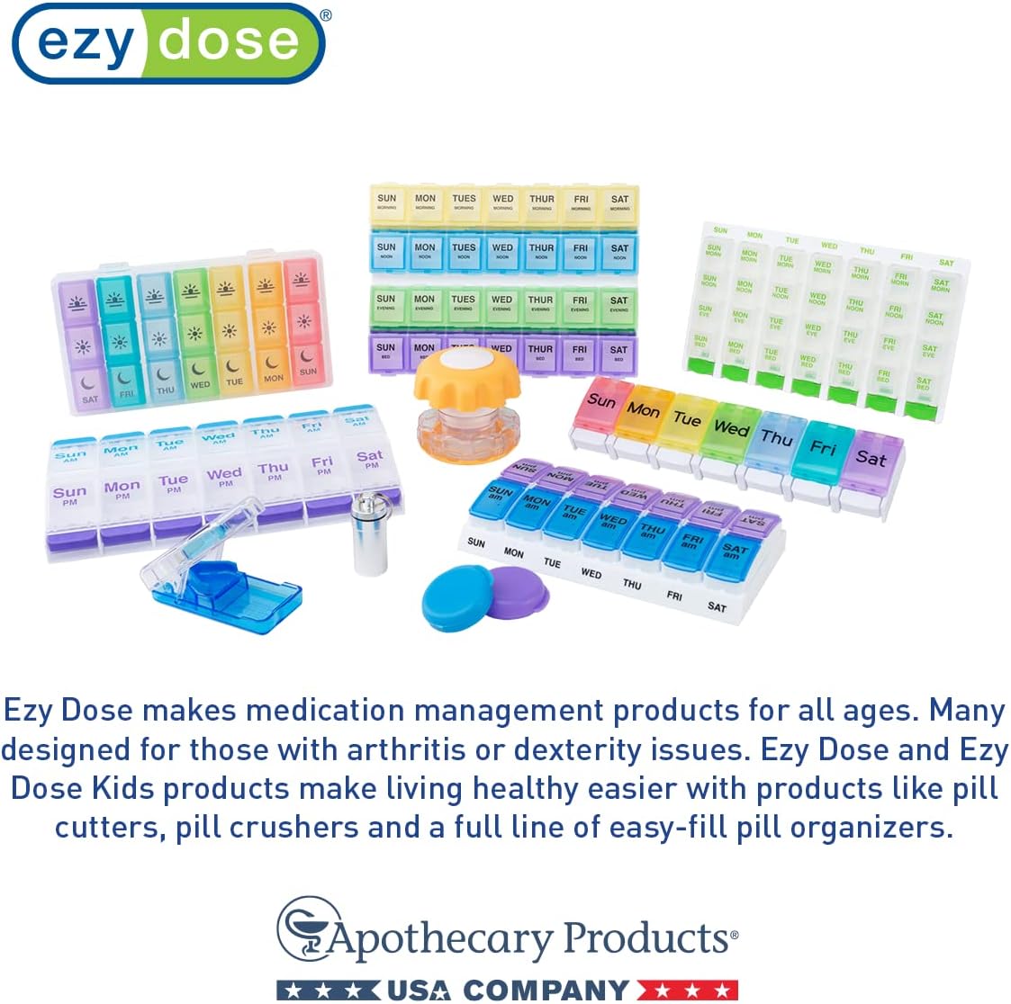 EZY DOSE Weekly AM/PM Pill Organizer, 7-Day Vitamin and Medication Box with Large Pop-Out Compartments, 2 Times a Day Pill Holder for Easy Dosing, Yellow and Blue Lids, Travel-Friendly Design