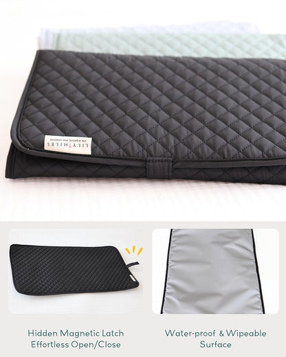 Diaper Changing Pad Portable with Magnetic Latches, Baby Diaper Changing Mat, Travel Pad for Diaper Bag, Baby Essentials, Wipeable & Waterproof Mat (Black Twill, Regular)