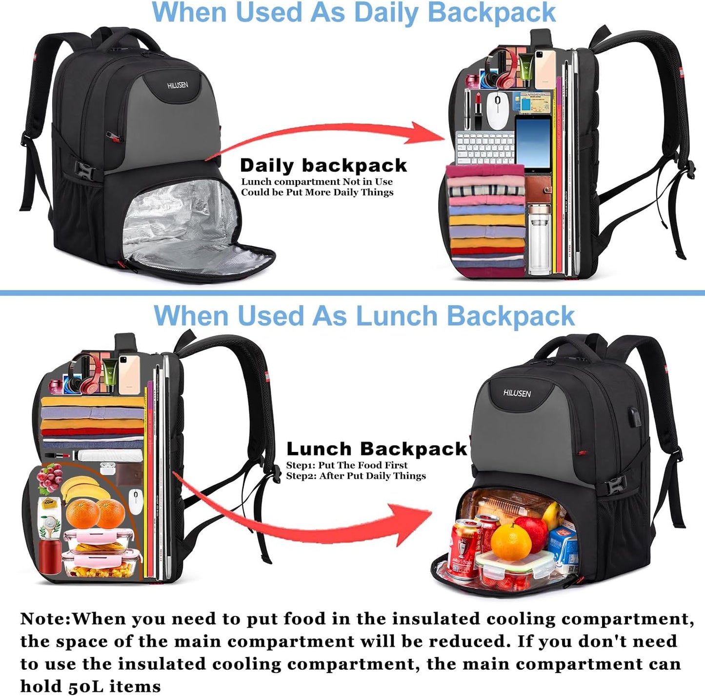 Lunch Bag Backpack, Insulated Cooler Lunch Box Backpack, Extra Large 17inch Travel Laptop Backpack 50L with USB Charging Port, Water Resistant Big work Backpack for Men Women , Grey