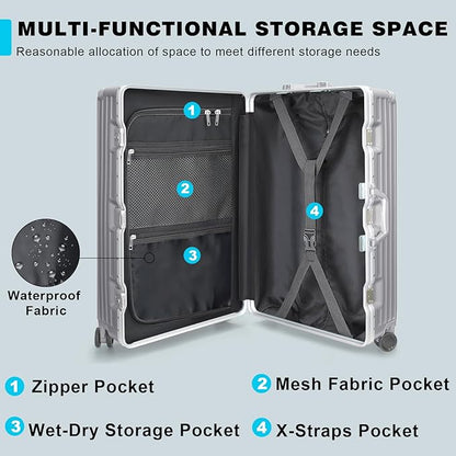 AnyZip Luggage PC+ABS Aluminum Frame Zipperless Checked Luggage Hard Shell Suitcase with TSA Lock Double Spinner Wheels 28 Inch Silver