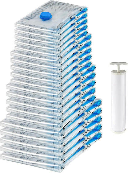 Amazon Basics Vacuum Compression Space Saving Storage Bags with Hand Pump for Travel, Multiple Sizes for Clothes and Blankets, Clear, 20 Pack (5 Small, 5 Medium, 5 Large & 5 Jumbo)