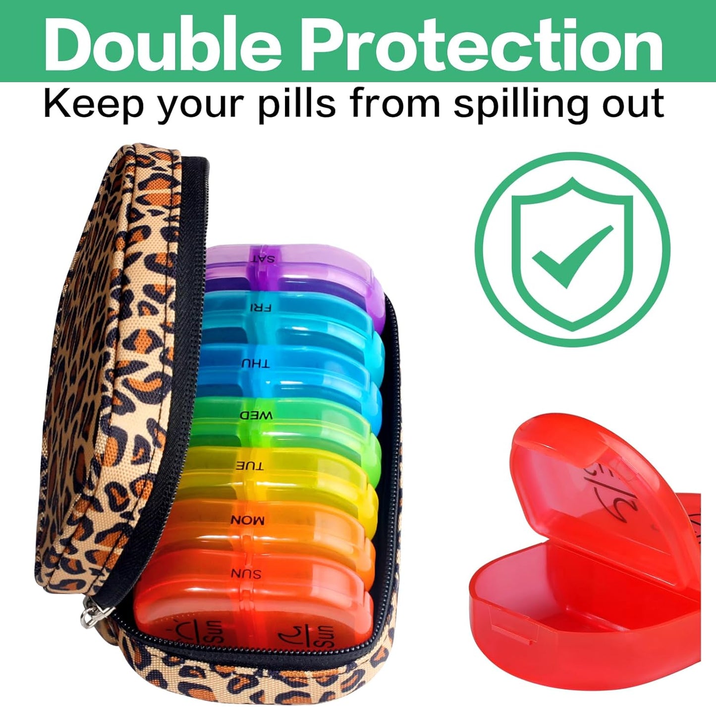 Serfeymi Weekly Travel Pill Organizer 2 Times A Day AM PM Upgraded Rainbow Pill Box 7 Day with Portable Zipper Canvas Pill Case, Medicine Organizer for Pills, Vitamins, Fish Oils - Brown 01