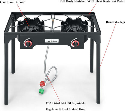 High Pressure Double Propane Burner Outdoor Camping Stove with 0-20 PSI Adjustable Regulator and Steel Braided Hose (Two Burner Stove)