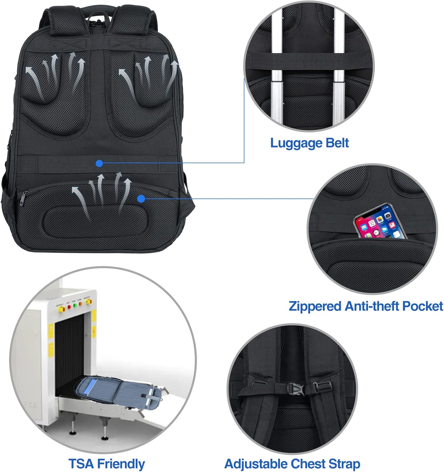 KROSER TSA Friendly Travel Laptop Backpack 18.4 inch XXXL Gaming Backpack Water-Repellent College Daypack Business Backpack with RFID Pockets & USB Port for Men/Women-Black