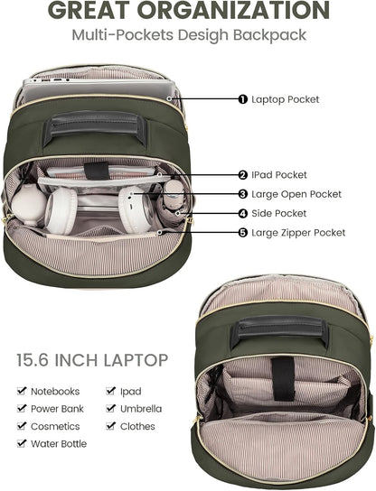 LOVEVOOK Laptop Backpack Purse for Women, Work Business Travel Computer Bags, College Nurse Backpack for Womens, Quilted Casual Daypack with USB Port, Fit 15.6 Inch Laptop, Army Green