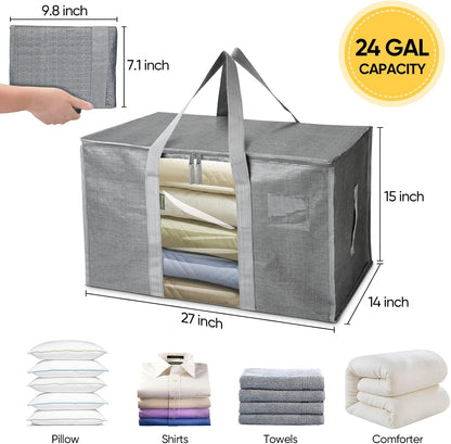 BALEINE 4-Pack Oversized Moving Bags with Reinforced Handles, Heavy-Duty Storage Tote for Clothes, Moving Supplies (Grey with Window, 4 Pack)
