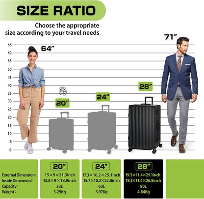 AnyZip Luggage Aluminium Frame Suitcase Hard Shell TSA Lock No Zipper 28In Black