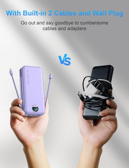 Portable Charger with Wall Plug, 20000mAh USB C Power Bank Fast Charging, External Battery Pack with Built in Cables, Digital Display, 5 Output 2 Input for iPhone Android Cell Phone Tablet