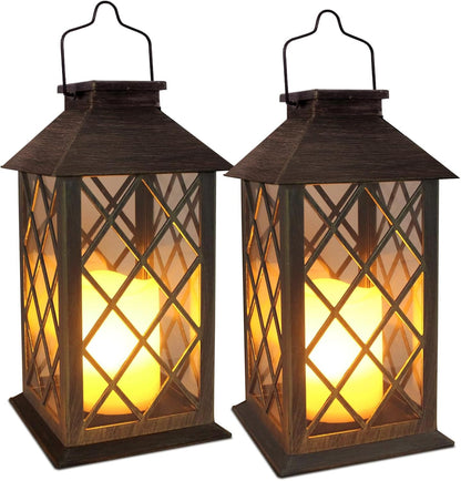 SHYMERY Solar Lanterns, Hanging Outdoor Lantern with Lasts 2X Longer LED Flickering Flameless Candles, Waterproof Outdoor Garden Lanterns Decorative for Patio, Porch,Deck, Yard, Table Decor 2 Pack