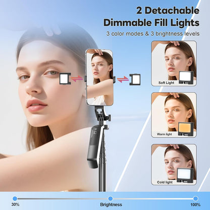 71" Selfie Stick Phone Tripod with Wireless Remote & 2 Fill Lights, Extendable Aluminum Phone Stand for iPhone/Android/Camera, Portable Travel Tripod for Vlogging, Live Streaming, Video Recording