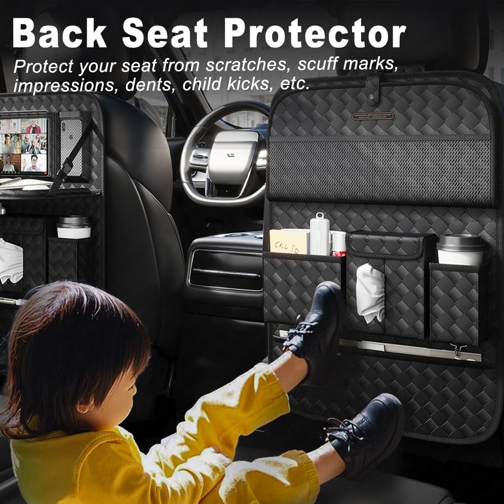 Car Seat Organizers,Multi-functional Back Seat Protectors, Storage Pouches, and Tray Holders (for Cars, Kids, Seat Back and Rear Seats) (Woven Black, 2 Pcs)