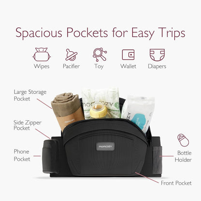 Momcozy Hip Seat Baby Carrier - Adjustable Waistband with Original 3D Belly Protector, Ergonomic Carrier with Various Pockets for Newborns & Toddlers up to 45lbs (Black, Medium)