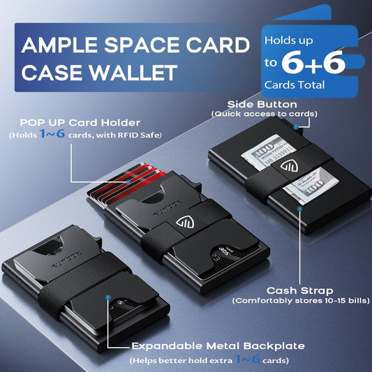 Mens Business Card Holder, Slim Card Wallet for Men and Women, Minimalist RFID Blocking Wallet with Pop-Up Function, Thin Design, Metal Cases Holds 6+6 Cards, Gifts for Men, Men's Accessories