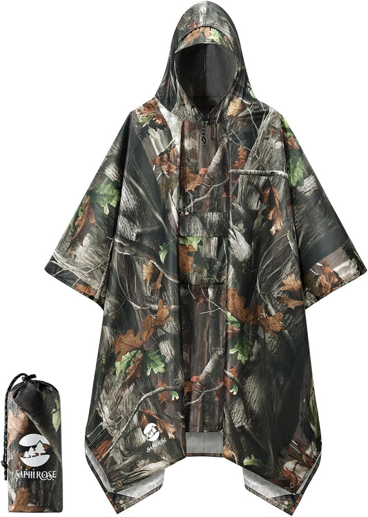 SaphiRose Extra Thick Hooded Rain Poncho Double Layer Waterproof Raincoat Jacket for Men Women Adults