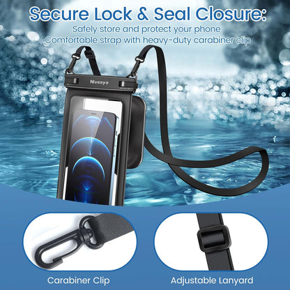 Niveaya [Floatable Floating Waterproof Phone Pouch 2 Pack-Up to 8.5", Large Space Adjustable Neck Lanyard Waterproof Phone Case, Phone Dry Bags for Vacation Beach Pool Kayak Cruise Travel Essentials