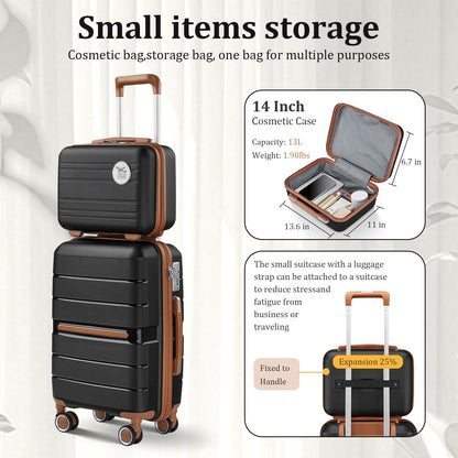Campfun Luggage 4 Piece Sets, Expandable Carry On Luggage Set Hardshell PP, Suitcase Set with Double Spinner Wheels, Checked Durable Lightweight with TSA Lock, 14in 20in 24in 28in-Black Brown(A)