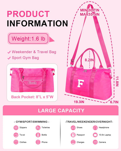 Overnight Bag for Kids Teen Girls Weekender Dance Bag Birthday Graduation Gifts,Initial Travel Duffel Bag Sports Gym Bag Personalized Weekender Bag Carry On Bags Preppy Gifts for Women(Hot Pink, F)
