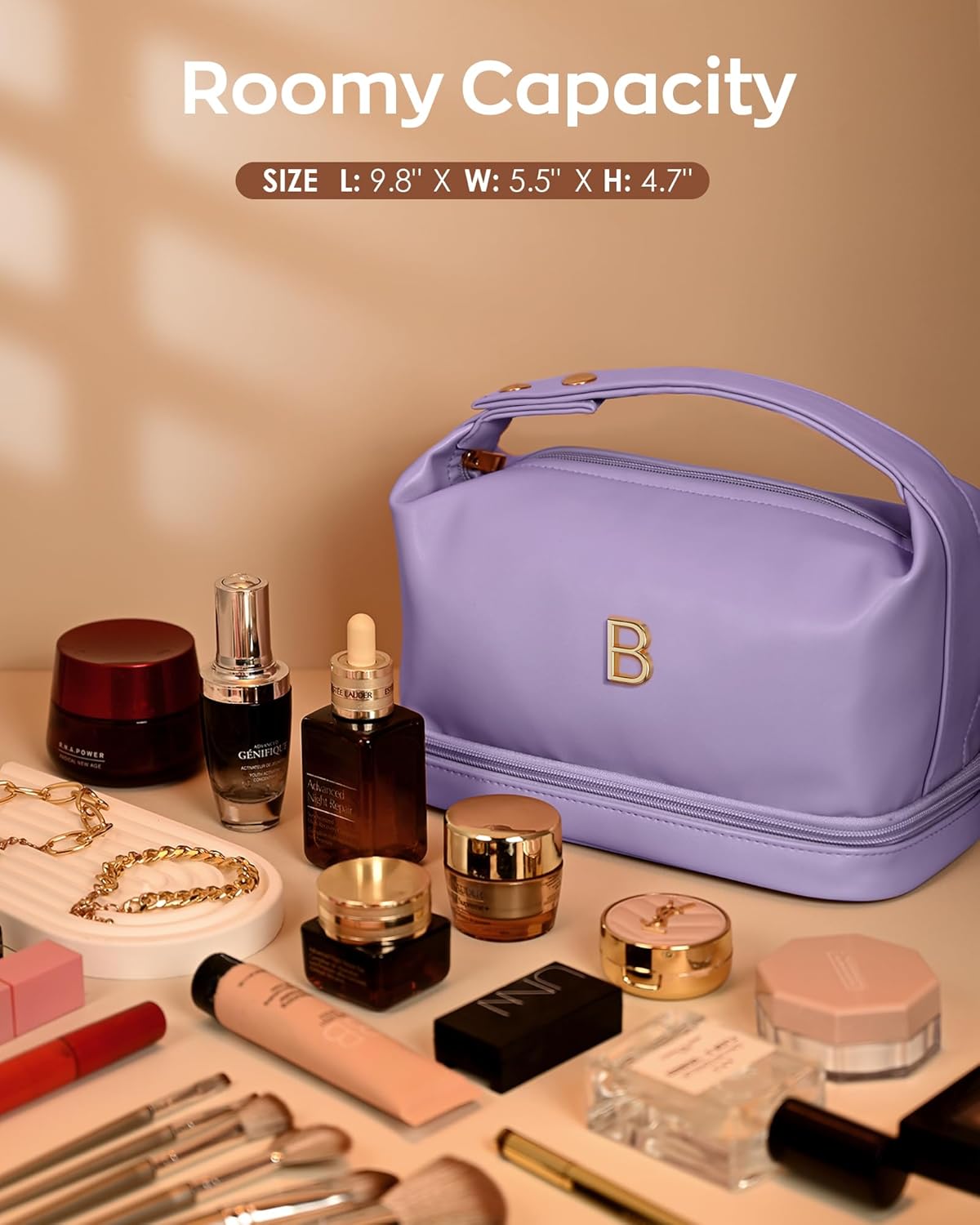 Engagement Gifts, Initial Large Makeup Bag, Personalized Double Layer Cosmetic Bag with Makeup Brush Organizer, Waterproof, Large Capacity PU Leather Travel Toiletry Bag