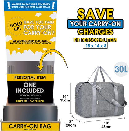 For Spirit Airlines Personal Item Bag 18x14x8 Foldable Travel Duffel Bag Underseat Carry on Luggage for Women and Men 30L (Grey)