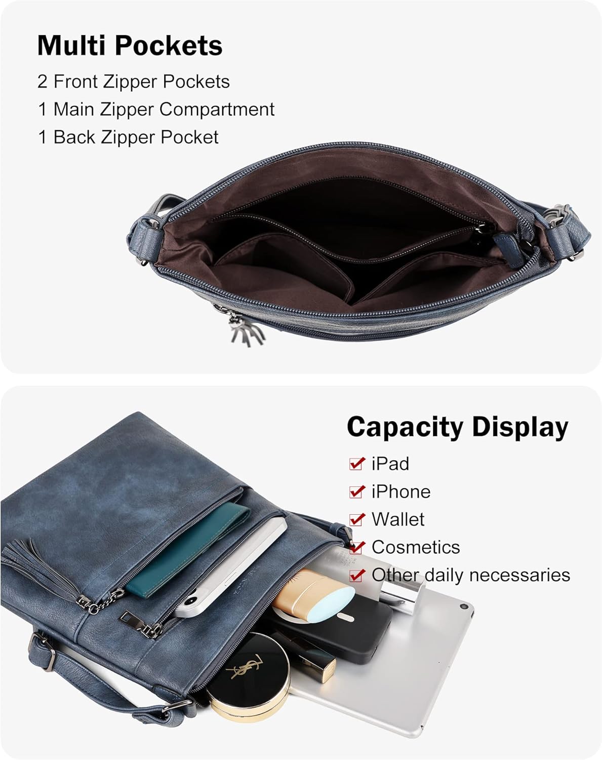 MASINTOR Crossbody Purses for Women, Multi Pocket Casual Crossbody Bag, Adjustable Strap Shoulder Bag with Tassel