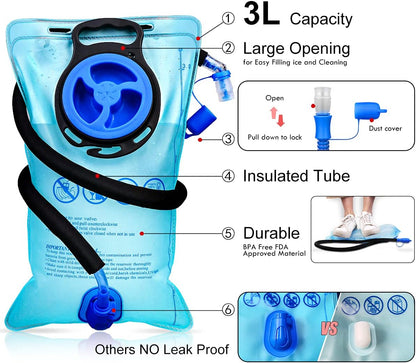 Insulated Hydration Backpack Pack with 3L BPA Free Leak Proof Water Bladder, Large Storage Lightweight Hiking Daypack with Waist Pouches & Cooler Layer, for Running, Biking, Camping, Festival