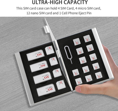 Aluminum SIM Card Case, 21Slots Ultrathin SIM Card Holder, Fit for 4 SIM Card, 4 Micro sim Card, 12 Nano sim Card and 1 Cell Phone Eject Pin Slots, Silver