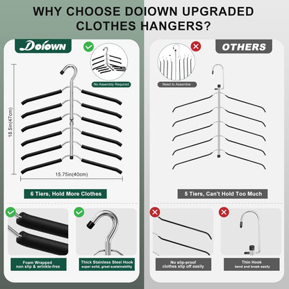 DOIOWN Clothes Hangers Space Saving: 6 Tier Coat Hanger Space Saving Hangers Non Slip Foam Padded Hanger, 3 Pack Black Metal Sweater T Shirt Hangers for Men Women, Closet Organizers and Storage