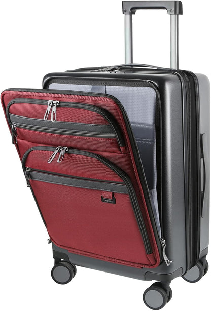 KROSER Hardside Expandable Carry On Luggage 22x14x9 Airline Approved With Front Business Pockets, 20 Inch Suitcases with Wheels, Carry on Suitcase with TSA Lock & USB Port, Black-Dark Red