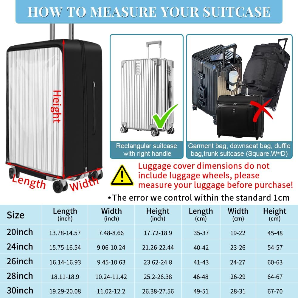 Yotako Upgraded Zippered Transparent PVC Suitcase Cover, No Disassembly Required Clear Luggage Protector for Suitcase Luggage Protector Cover 26''