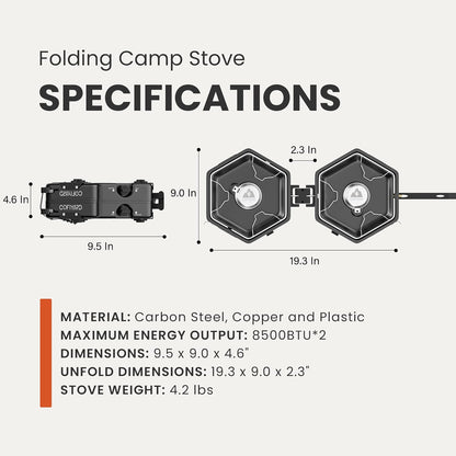 Propane 2 Burner Camping Stove with Carrying Bag, Portable Folding Gas Stove for Camping, Backpacking Camp Stove for Outdoor Cooking, With 17,000 BTU Adjustable Burners for BBQ, Tailgating Black