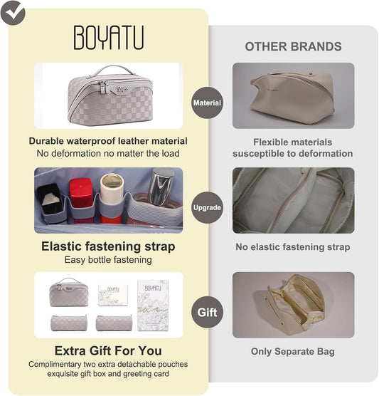 Travel Makeup Bag Organizer Cosmetic Bag: 3 Pcs Set Make up Bags for Women with Handle - Waterproof Vegan Leather Toiletry Bags with Comparments (C-13-Gray)