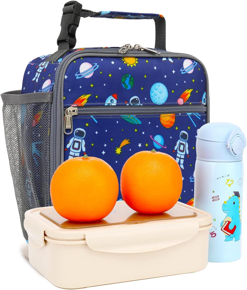 FlowFly Kids Lunch box Insulated Soft Bag Mini Cooler Back to School Thermal Meal Tote Kit for Girls, Boys, Astronaut