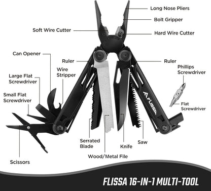 FLISSA Multitool, 16-in-1 Multitools with Sheath, Stainless Steel EDC Multitool, Pocket Knife, Bottle Opener, Screwdriver, Pocket Multi-Tool for Camping, Handwork, Hunting, Hiking, Fishing