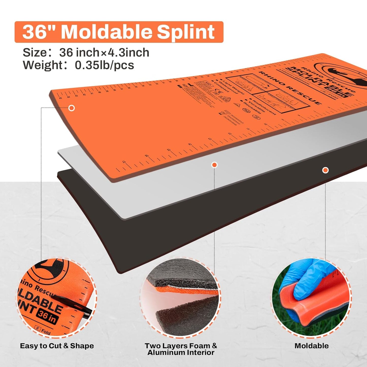 RHINO RESCUE First Aid Splint 36" X 4.3" Orange-Gray, Keep Bones in Position (2, Folded)