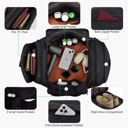 Felipe Varela 60L Duffle Bag for Men, Large Canvas Expandable Duffle Bag for Travel, Mens Carry on Luggage Weekender Gym Overnight Duffel Bags for Traveling, Black