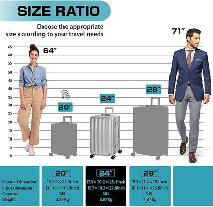 AnyZip Luggage Aluminium Frame Suitcase Hard Shell TSA Lock No Zipper 24In Silver