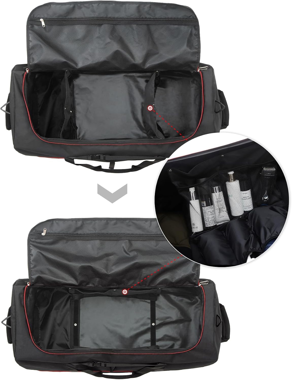 CONTAIL 32”110L Expandable 140L Rolling Duffle Bag with 2 Inline Wheels,Convertible Weekend Travel Bag with Bungee-Cord System,Black-red