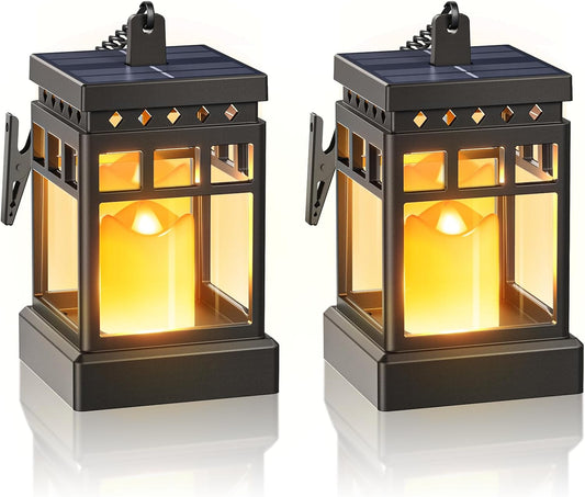 KOOPER Solar Lanterns Outdoor Waterproof, 2 Modes Hanging Solar Lantern with LED Realistic Flickering Flameless Candle, Candles Lanterns Lights Decorative for Outside Hanging Patio Yard Table Tree
