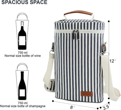 ZORMY 2 Bottle Wine Tote Carrier, Dark Blue, 750 mL Capacity, Polyester Material, With Shoulder Strap and Corkscrew