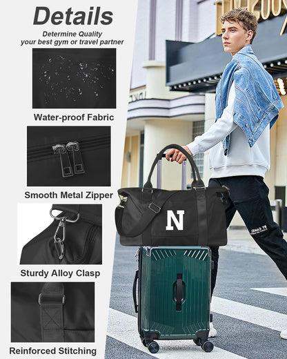 Initial Travel Duffel Bag Sports Gym Bag for Boys Teen Birthday Gifts,Black Personalized Weekender Bag Carry On Tote Bags for Men,Waterproof Overnight Luggage Bag Airplane Travel Essentials(Letter N)