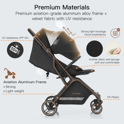Gravity Folding Baby Stroller - Portable Travel Toddler Stroller w/Adjustable Backrest & Canopy, Lightweight and UV Protected, One-Hand Automatic Folding - Black