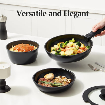 Redchef 16pcs Ceramic Pots and Pans Set Non Stick, Nonstick Kitchen Cookware Set with Detachable Handle, Non Toxic, PFAS PFOA & PTFE Free, RV Cookware Set for Camping, Dishwasher/Oven Safe (Black)